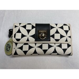 NWT Spartina 449 Kiawah Island White & Black Linen Genuine Leather Wallet